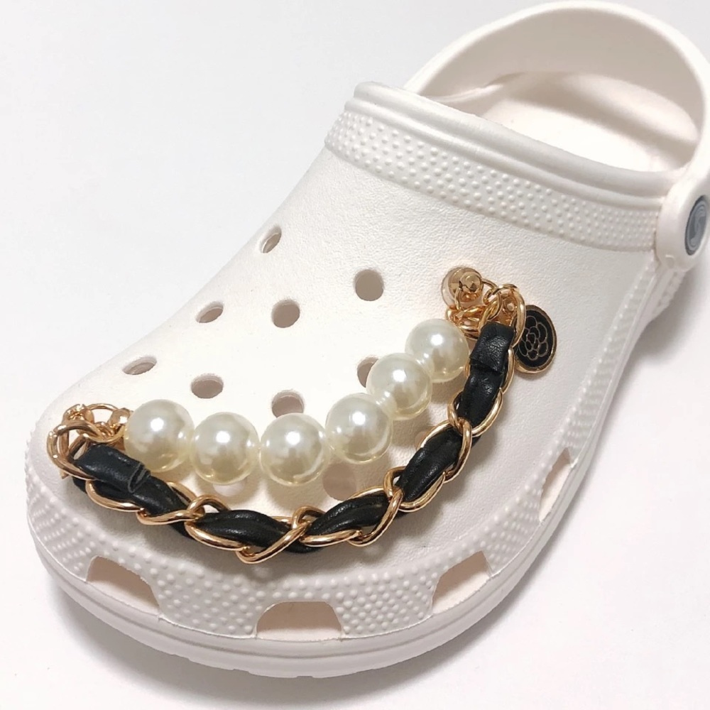Crocs Black Leather and Gold Chain Charms